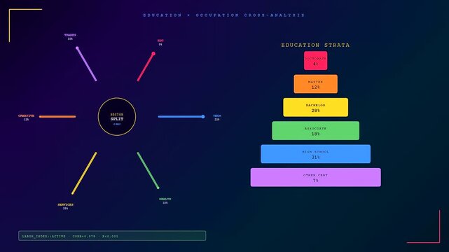 Data visualizations displaying audience demographics and labor market statistics through glowing pyramid charts and radial node diagrams on a dark digital interface during software operation