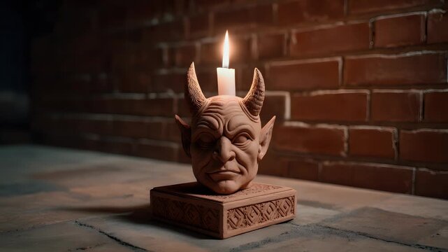 Eerie candle holder sculpted as horned face emitting light against brick wall background