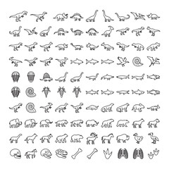 Minimalist dinosaur line icons set, prehistoric animal silhouettes and fossils vector, 100 ancient creature outline symbols for educational design © Rehana