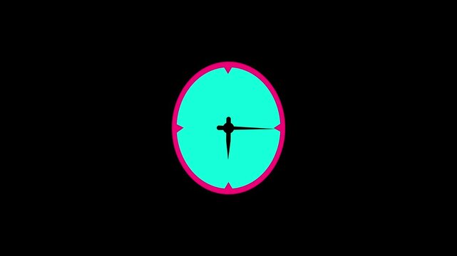 Black background clock icon with moving arrows in 12 hour loop. Stopwatch animation. Alpha channel 4K video animation.