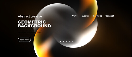 Fototapeta premium Dark background features abstract shapes, text elements, navigation menu. Modern design promotes creativity, portfolio access.