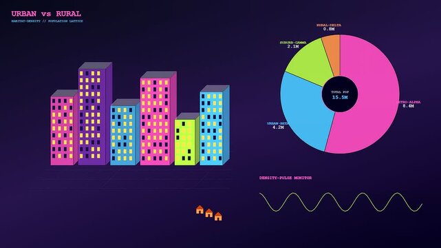 Digital audience demographics are visualized through neon geometric charts that animate alongside glowing city building illustrations displayed on a dark purple screen for data analysis reports