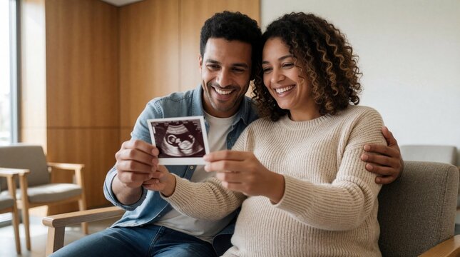 Happy expectant couple embraces, smiling while holding ultrasound photo. Man and woman anticipate parenthood, excited for baby news. Future parents share joy looking at sonogram image.