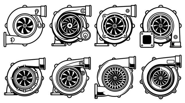 Set of automotive turbocharger silhouettes,automotive turbocharger vector illustrations,car turbo compressor designs
