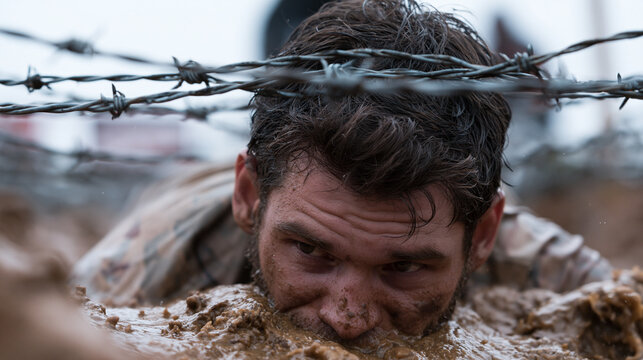 Soldier's Grit and Determination in Muddy Battlefield Close-Up: Courage and Resilience in Intense Military Combat Environment