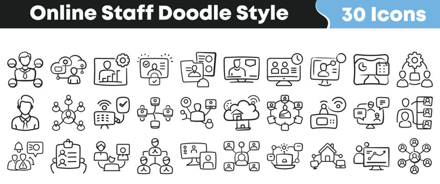 Online staff doodle style icons set for remote work and team management