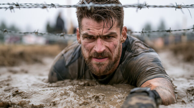 Military Training Mud Obstacle Course: Extreme Sports Challenge for Male Athletes
