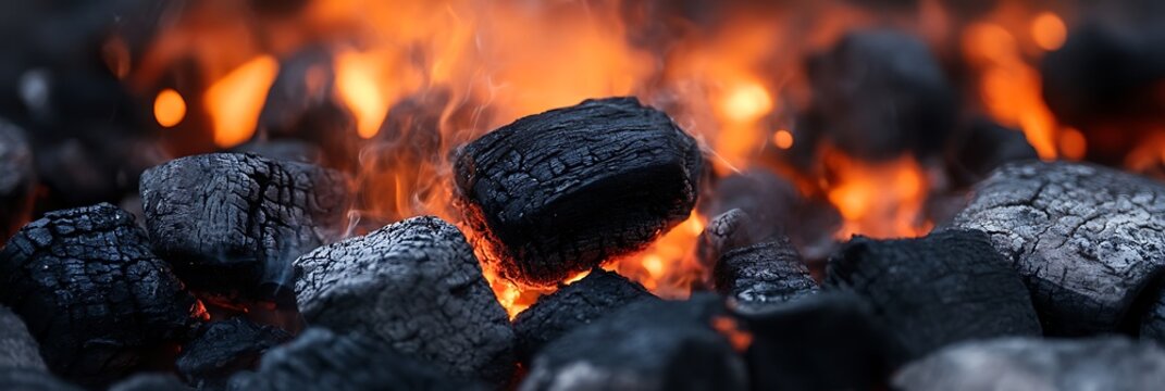 Glowing embers and charred wood in a roaring fire