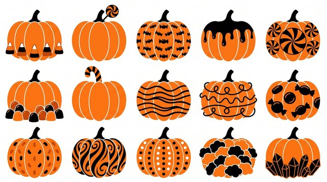 Set of decorative orange pumpkins with various patterns and textures for autumn and halloween seasonal design projects