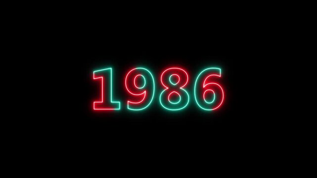 Glowing neon happy new year of 1986 animation text new year.Abstract 1986 neon text animation on black screen.