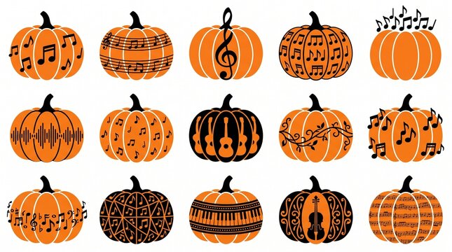 Set of fifteen decorative pumpkins with various musical instrument and music note patterns for autumn holiday design projects