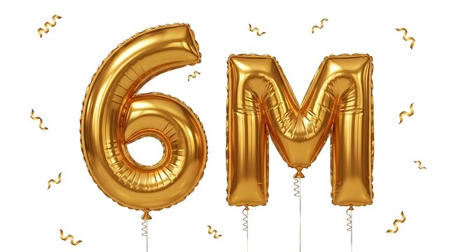 Gold foil balloon letters forming the text 6m with swirling gold ribbons isolated on a white background, for social media, milestone celebration