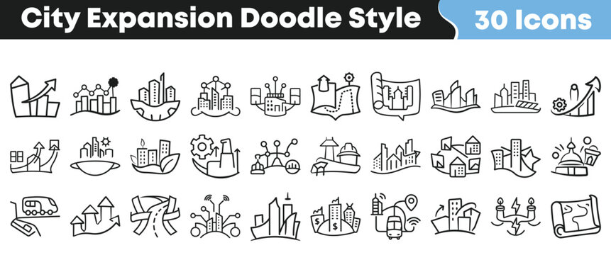Set of city expansion doodle icons