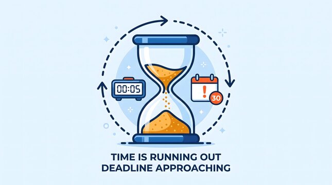 Illustration of a sand timer with deadline and time icons emphasizing urgency.