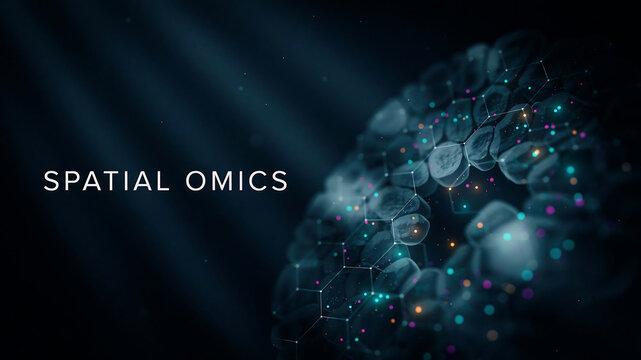 Modern scientific visualization depicting spatial omics with glowing cellular structures and network connections
