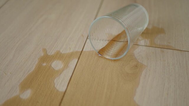Glass cup spills water on wooden floor