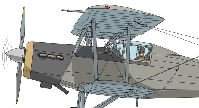 Vintage Biplane Aircraft Illustration with Pilot in Cockpit.