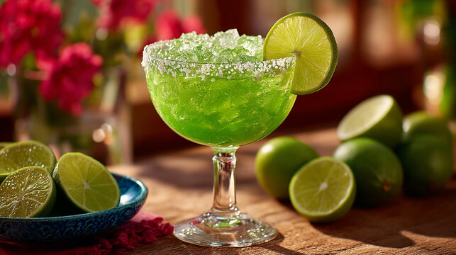 Green margarita cocktail with salt rim and lime garnish margarita cocktail beverage