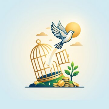 Bird escaping from an open cage with coins and plant