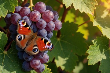 Obraz premium European peacock butterfly sits on ripe purple grapes in summer vineyard. Orange insect rests on sweet fruit bunch between green leaves. Nature scene shows garden wildlife during autumn harvest