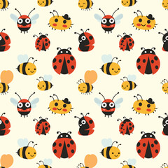 Naklejka premium Cute Bees and Ladybugs Seamless Pattern