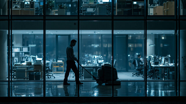Nighttime Office Cleaning: Silhouette of a Worker Vacuuming in a Modern, Urban High-Rise Workspace