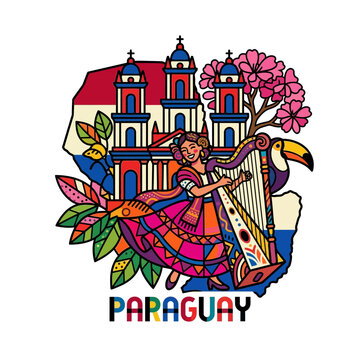Paraguay Cultural Illustration with Harpist and Landmarks
