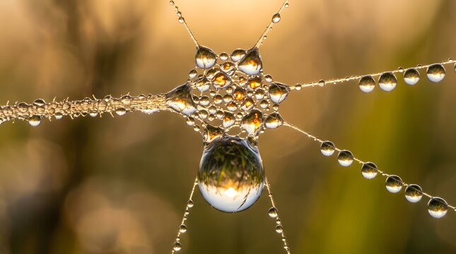Macro shot of a spider web with dew drops resembling a star.