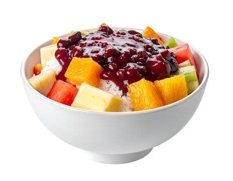 Patbingsu (shaved ice dessert), Korean shaved ice topped with syrup, fruit pieces, and red bean paste. isolated on transparent png