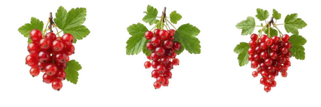 Fresh ripe red currant clusters with green leaves isolated on white background stock PNG photo asset for healthy food and berry designs