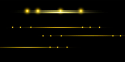 Realistic set of golden light lines isolated on transparent background. Vector illustration of yellow LED lamp shine, shimmering sunrise flash on horizon, magic energy effect, sunshine divider © sanjayahafid53