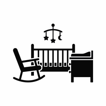 Black silhouette of nursery furniture set with crib and rocking chair