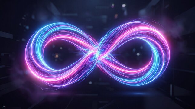 Glowing neon infinity symbol with light trails infinity abstract futuristic
