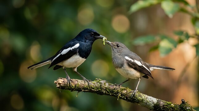 Oriental magpie robin feeding its chick. Parent bird caring for young fledgling on branch.