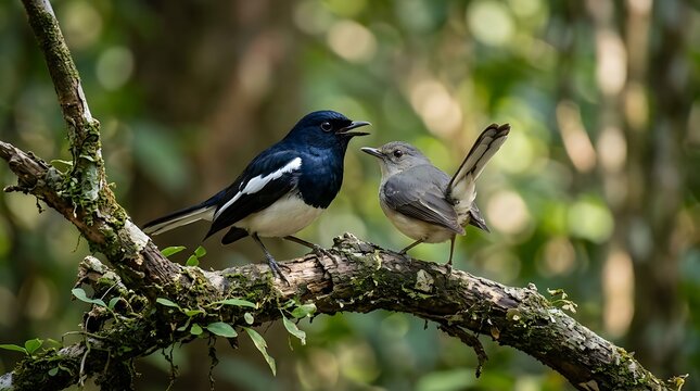 Oriental magpie robin feeding chick. Parent bird caring for young fledgling in forest.