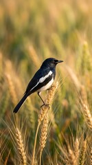 Obraz premium Oriental magpie robin perched on wheat. Small songbird resting in golden field.