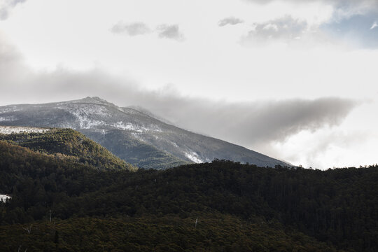 snow covered tasmanian mountains surrounded by native australian vegetation
