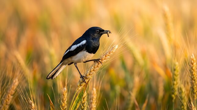 Oriental magpie robin in wheat field. Small black and white bird perched on golden grain.
