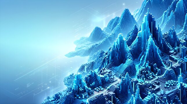 Abstract blue digital landscape with voxel mountains and data grid