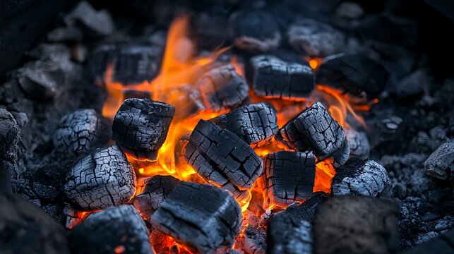 Burning charcoal briquettes with intense orange flames close up view for dramatic effect