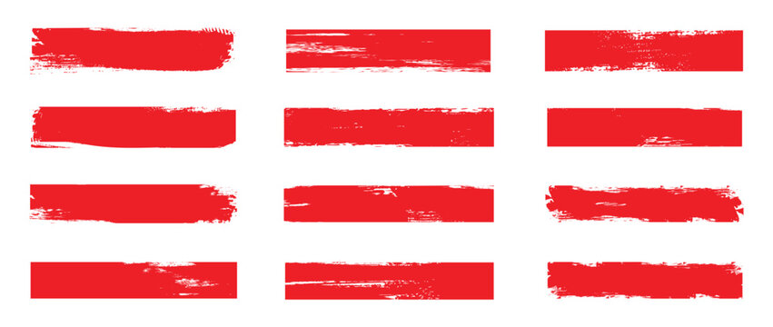 Brush stroke lines of red marker highlighter with ink texture. Vector realistic illustration isolated on transparent background. Different hand drawn pen brush underlines for important text selection.