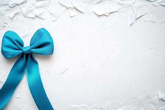 Teal ribbon gift bow on crumpled white paper celebration and present concept flat lay composition