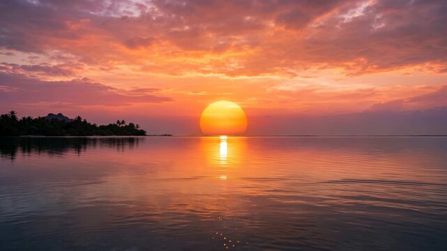 Golden sunset over tranquil ocean, vivid orange and pink skies mirrored across glassy water, peaceful evening atmosphere, seamless cinematic coastal landscape background, 4K video