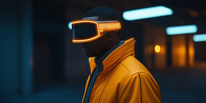 Futuristic individual in neon orange jacket and vr headset exploring the metaverse with innovative business models