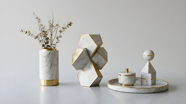 Luxury 3D marble decorative objects with gold accents, modern interior design style, premium home decor composition, realistic texture, elegant minimal aesthetic, isolated on clean background