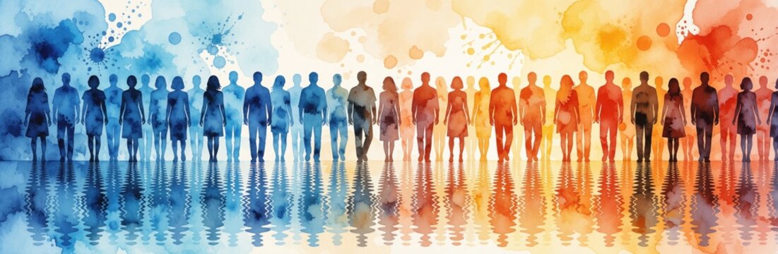 Watercolor art shows diverse people standing in a line. Blue on left fades to orange on right. Reflections mirror human silhouettes on water.