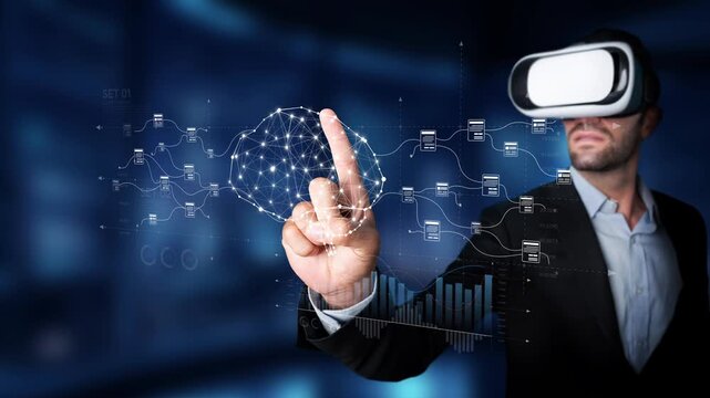A businessman uses virtual reality technology to interact with complex data visualizations, showcasing the innovative potential of digital experiences in the modern workspace. Raster