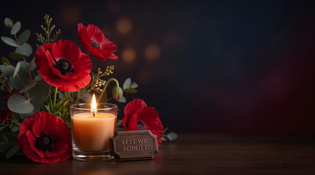 Vibrant red poppies arranged beside a glowing candle with a wooden remembrance plaque on display