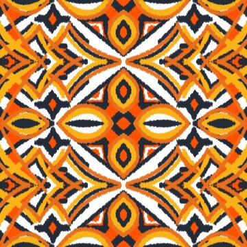 Seamless ethnic ikat pattern with vibrant orange and yellow geometric diamond motifs on a dark brown background. Bold tribal fabric design perfect for bohemian prints, wallpaper, and creative decor.