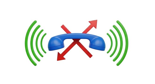 Blue telephone handset with red crossed arrows and green signal waves, communication concept, isolated on a white background, 3d render